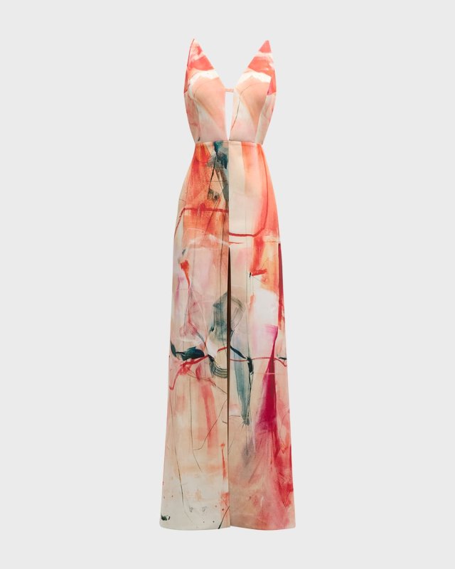 Plunging Abstract-Print Backless Silk Crepe Gown